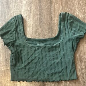 Aerie Green Ribbed Crop Blouse with Cap Sleeves